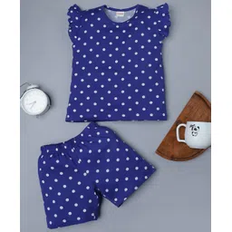 RAINE AND JAINE Cotton Knit Frill Sleeves Polka Dot Printed Tee & Coordinating Shorts Set - Blue-picture-22