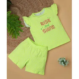 RAINE AND JAINE Cotton Knit Frill Sleeves Rise And Shine Text Printed Coordinating Night Suit Set - Green-picture-29