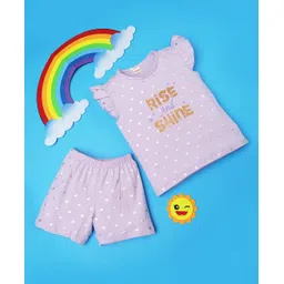 RAINE AND JAINE Cotton Knit Frill Sleeves Rise And Shine Text Printed Coordinating Night Suit Set - Purple-picture-32