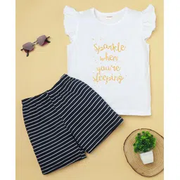 RAINE AND JAINE Cotton Knit Frill Sleeves Sparkle When You Are Sleeping Text Printed & Striped Night Suit Set - Black & White-picture-36