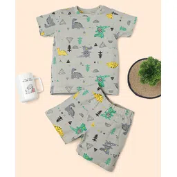RAINE AND JAINE Cotton Knit Half Sleeves Dinosaur Printed Coordinating Tee & Shorts Night Suit Set - Grey-picture-10