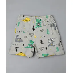 RAINE AND JAINE Cotton Knit Half Sleeves Dinosaur Printed Coordinating Tee & Shorts Night Suit Set - Grey image 5