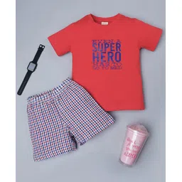 RAINE AND JAINE Cotton Knit Half Sleeves Even A Super Hero Has To Go To Bed Text Printed Tee & Checked Shorts Set - Red & White-picture-20