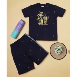 RAINE AND JAINE Cotton Knit Half Sleeves Palm Trees Printed Coordinating Night Suit Set - Navy Blue-picture-16