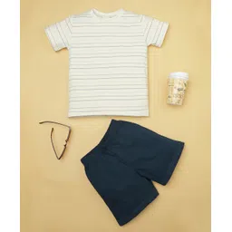 RAINE AND JAINE Cotton Knit Half Sleeves Striped & Solid Night Suit Set - Black & White-picture-14