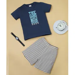 RAINE AND JAINE Cotton Knit Half Sleeves The Game Starts Now Dude Text Printed Tee & Striped Shorts Set - Navy Blue & White-picture-13