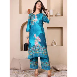 RAISHREE Women Floral Printed Regular Silk Crepe Kurta with Trousers-picture-17