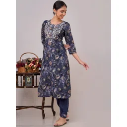 RAISHREE Women Floral Printed Regular Thread Work Pure Cotton Kurta with Trousers-picture-10