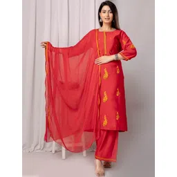 RAISHREE Women Red Cotton Blend Embroidered Regular Thread Work Kurta Trousers & Dupatta-picture-18