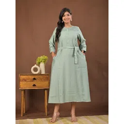 RAISHREE Women Round Neck Cuffed Sleeves A-Line Midi Dress With Belted-picture-20