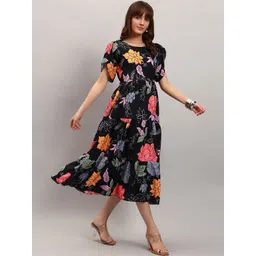 Raiyani Enterprise Floral Print Puff Sleeve Crepe A-Line Midi Dress-picture-35