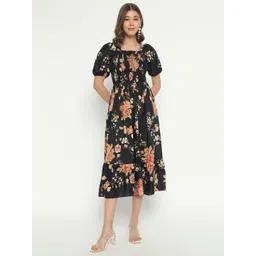 Raiyani Enterprise Floral Printed Puff Sleeve Smocked Tiered Fit & Flare Midi Dress-picture-32