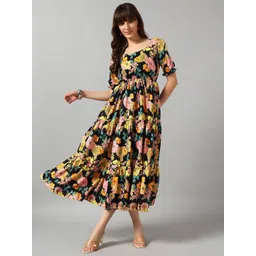 Raiyani Enterprise Floral Printed Puff Sleeve Tiered Fit and Flare Midi Dress-picture-28