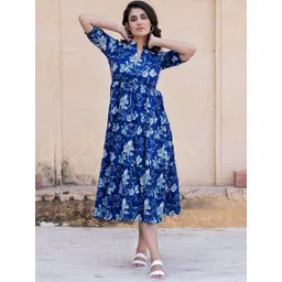 Raiyani Enterprise Floral Printed Tiered Puff Sleeve Crepe Fit & Flare Midi Dress-picture-24