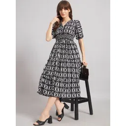 Raiyani Enterprise Print Puff Sleeve Crepe Fit & Flare Midi Dress-picture-20