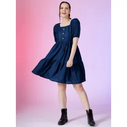 Raiyani Enterprise Solid Blue Square Neck Puff Sleeves Fit & Flare Dress-picture-15