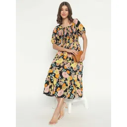 Raiyani Enterprise Women Floral Printed Smocked Tiered Fit & Flare Midi Dress-picture-31