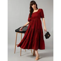 Raiyani Enterprise Women Solid Puff Sleeve Crepe Tiered Fit & Flare Midi Dress-picture-12