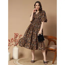 Raiyani Fashion Women Abstract Printed Gathered Or Pleated Crepe Fit & Flare Midi Dress-picture-36
