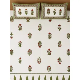 Rajasthan Decor Cream-Coloured & Green 210TC Cotton Super King Bedsheet Set 2.50x 2.70m-picture-20