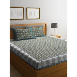Rajasthan Decor Green & White Floral 144 TC Cotton 1 King Bedsheet with 2 Pillow Covers-picture-23