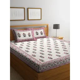 Rajasthan Decor White & Green Floral 144 TC Cotton 1 Queen Bedsheet with 2 Pillow Covers-picture-14