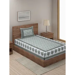 Rajasthan Decor White & Green Floral Cotton 144 TC Single Bedsheet with 1 Pillow Cover-picture-21