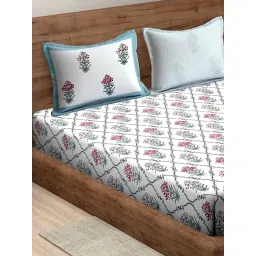 Rajasthan Decor White and Pink Floral Pure Cotton King Size Bed Sheet with 2 Pillow Covers-picture-13
