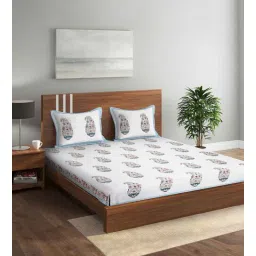 rajasthan decor White Traditional 144 TC 100% Cotton King Bed Sheet with 2 Pillow Cover-picture-12