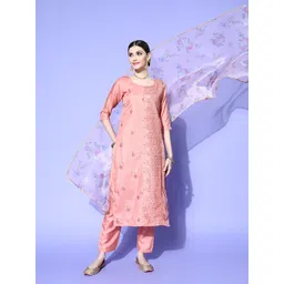 RAJGRANTH Women Ethnic Motifs Silk Chiffon Shimmer & Sequin Kurta Set-picture-42