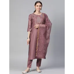 RAJGRANTH Women Mauve Floral Embroidered Sequinned Kurta with Trousers & With Dupatta-image-14