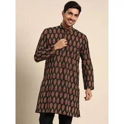 RAJUBHAI HARGOVINDAS Men Black & Maroon Ethnic Motifs Printed Handloom Kurta-picture-33