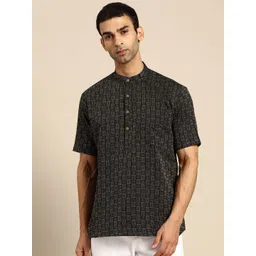 RAJUBHAI HARGOVINDAS Men Black Checked Handloom Kurta-image-1