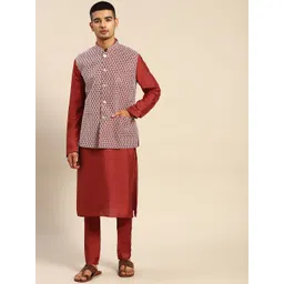 RAJUBHAI HARGOVINDAS Men Maroon Embroidered Pure Silk Kurta With Pyjamas & Nehru Jacket-picture-30