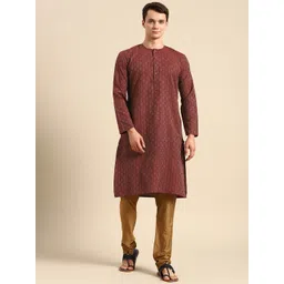 RAJUBHAI HARGOVINDAS Men Maroon Geometric Checked Handloom Pure Cotton Kurta-picture-21