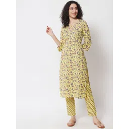 Ramas Women Yellow Ethnic Motifs Printed Pure Cotton Kurta with Trousers-picture-24