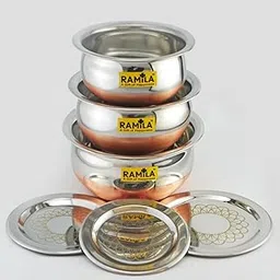 Ramila Brand Stainless Steel Handi Set with Lid - Cookware Set for Serving and Cooking in The Kitchen, Copper Bottom Vessels for Induction (750ML, 1000ML, 1500ML)-picture-10