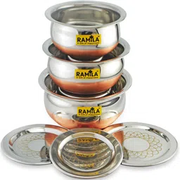 ramila Stainless Steel Serving Bowl Copper Base Set of 3 Handi Set with Lid-picture-11