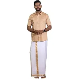 ramraj cotton Men 100% LUXE Cotton Shirt and Fancy Border Dhoti Set-picture-43