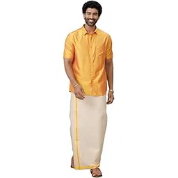 ramraj cotton Men Half Sleeves Shirt With Matching Border Tissue Dhoti Set-picture-30