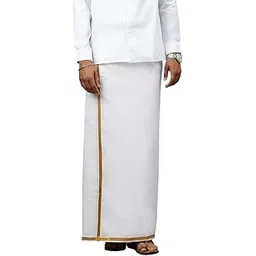 ramraj cotton Men White 3/4" Gold Jari Double Layer Dhoti Good Will-picture-22