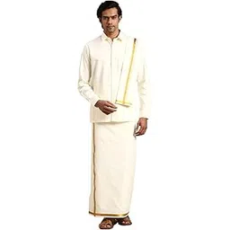 ramraj cotton Men’s Traditional White Full Sleeve Shirt with Gold Jari Border Dhoti Set with Towel and Belt-picture-14