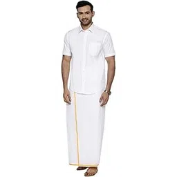 ramraj cotton Men’s White Half Sleeve Shirt with Gold 3/4 Jari Border Dhoti Set-picture-23