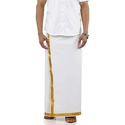 ramraj cotton Ramraj Men White Pure Cotton Double Layer Dhoti with Gold Zari Border-picture-13
