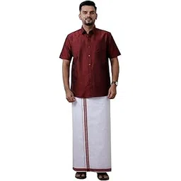 ramraj cotton RAMRAJ traditional cotton solid half sleeve shirt and matching fancy border dhoti for men-picture-37