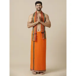 Ramraj Cotton Single Layer Orange with Mayilkhan Border Devotional Solid Men Dhoti-picture-12