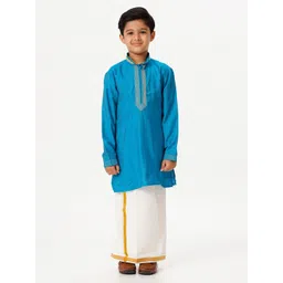 Ramraj Boys Thread Work Mandarin Collar Pure Cotton Straight Kurta With Dhoti-picture-35