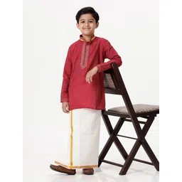 Ramraj Boys Thread Work Mandarin Collar Pure Cotton Straight Kurta With Dhoti-picture-34