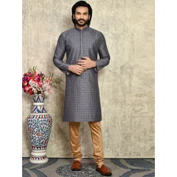 RANAK Floral Embroidered Mandarin Collar Sequinned Art Silk Straight Kurta With Churidar-picture-11