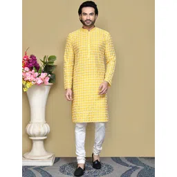 RANAK Men Floral Embroidered Regular Pure Cotton Kurta with Pyjamas-picture-19